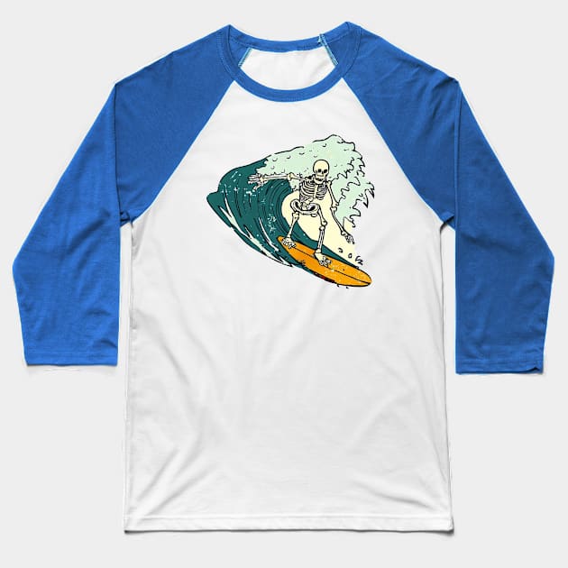 Skeleton Surfer Riding Big Wave Baseball T-Shirt by tropicalteesshop